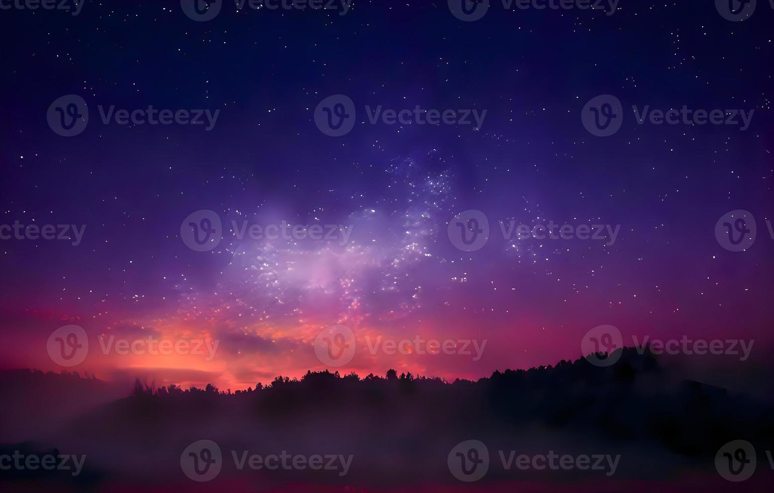 Night landscape with colorful Milky Way and mountains. Starry sky with hills at summer. Beautiful Universe. Space background photo