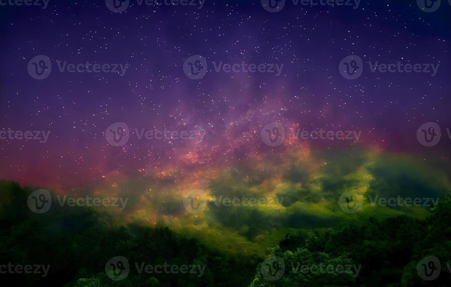 Night landscape with colorful Milky Way and mountains. Starry sky with hills at summer. Beautiful Universe. Space background photo
