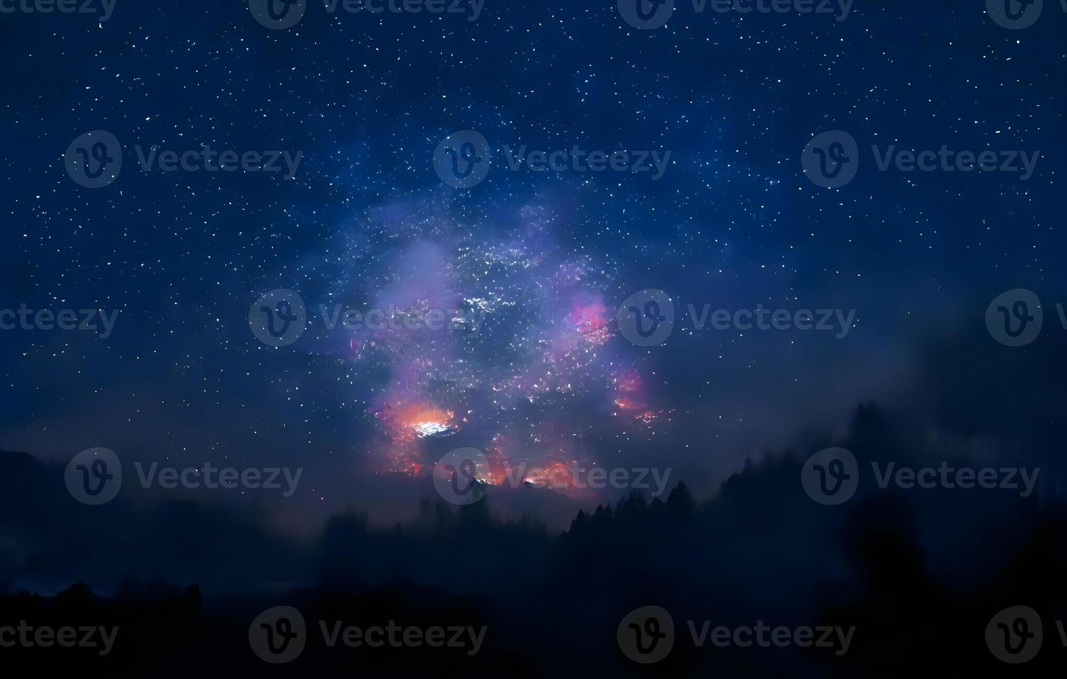 vía láctea y luz rosa en las montañas. paisaje colorido nocturno. cielo estrellado con colinas en verano. hermoso universo. fondo espacial con galaxia. fondo de viaje foto