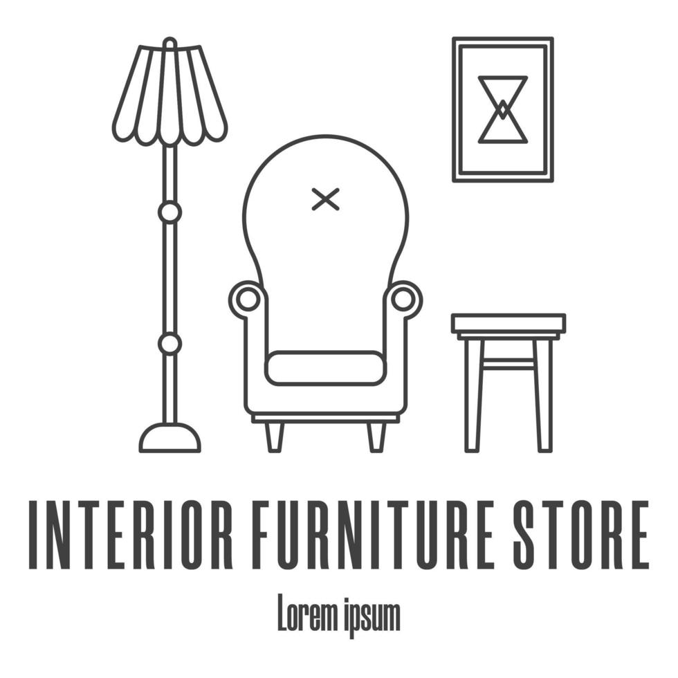 iconos de estilo de línea de un sillón, lámpara, taburete, imagen. logotipo de la tienda de muebles de interior. ilustración vectorial limpia y moderna. vector