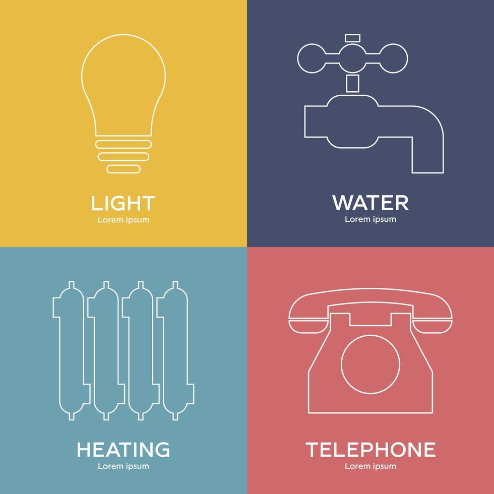 iconos de estilo de línea de utilidades. símbolos de luz, agua, calefacción, teléfono. ilustración vectorial limpia y moderna para diseño, web. vector