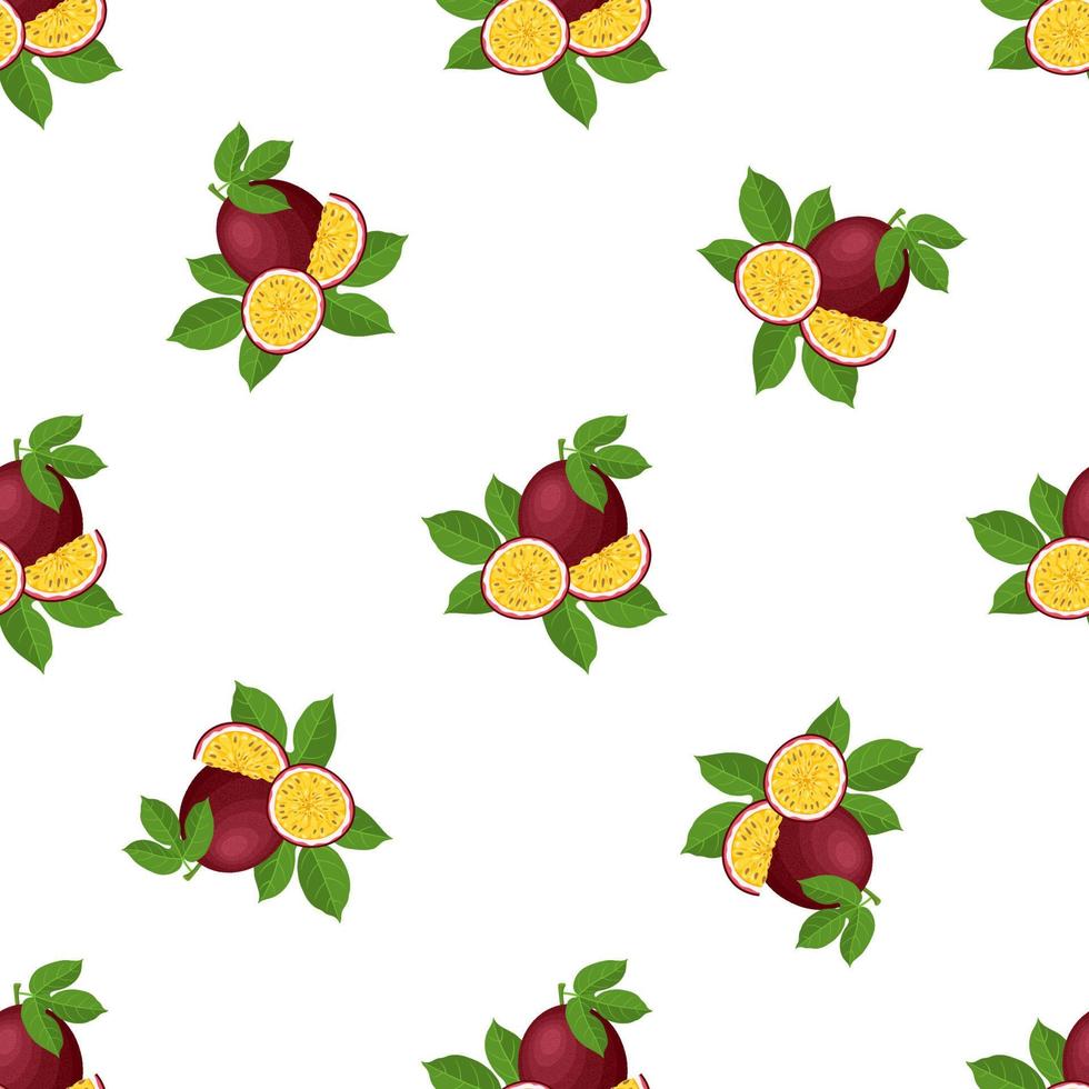 Seamless pattern with fresh bright exotic whole and cut slice passion fruit on white background. Summer fruits for healthy lifestyle. Organic fruit. Cartoon style. Vector illustration for any design.