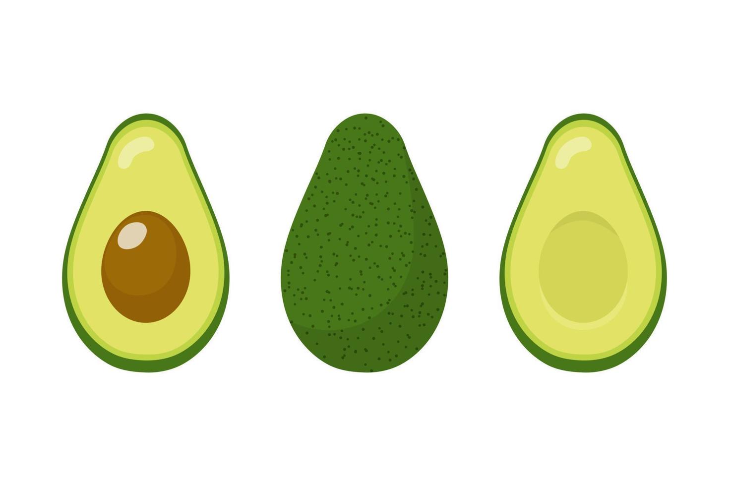 conjunto de aguacate fresco entero y medio aislado sobre fondo blanco. alimentos orgánicos. estilo de dibujos animados ilustración vectorial para el diseño. vector