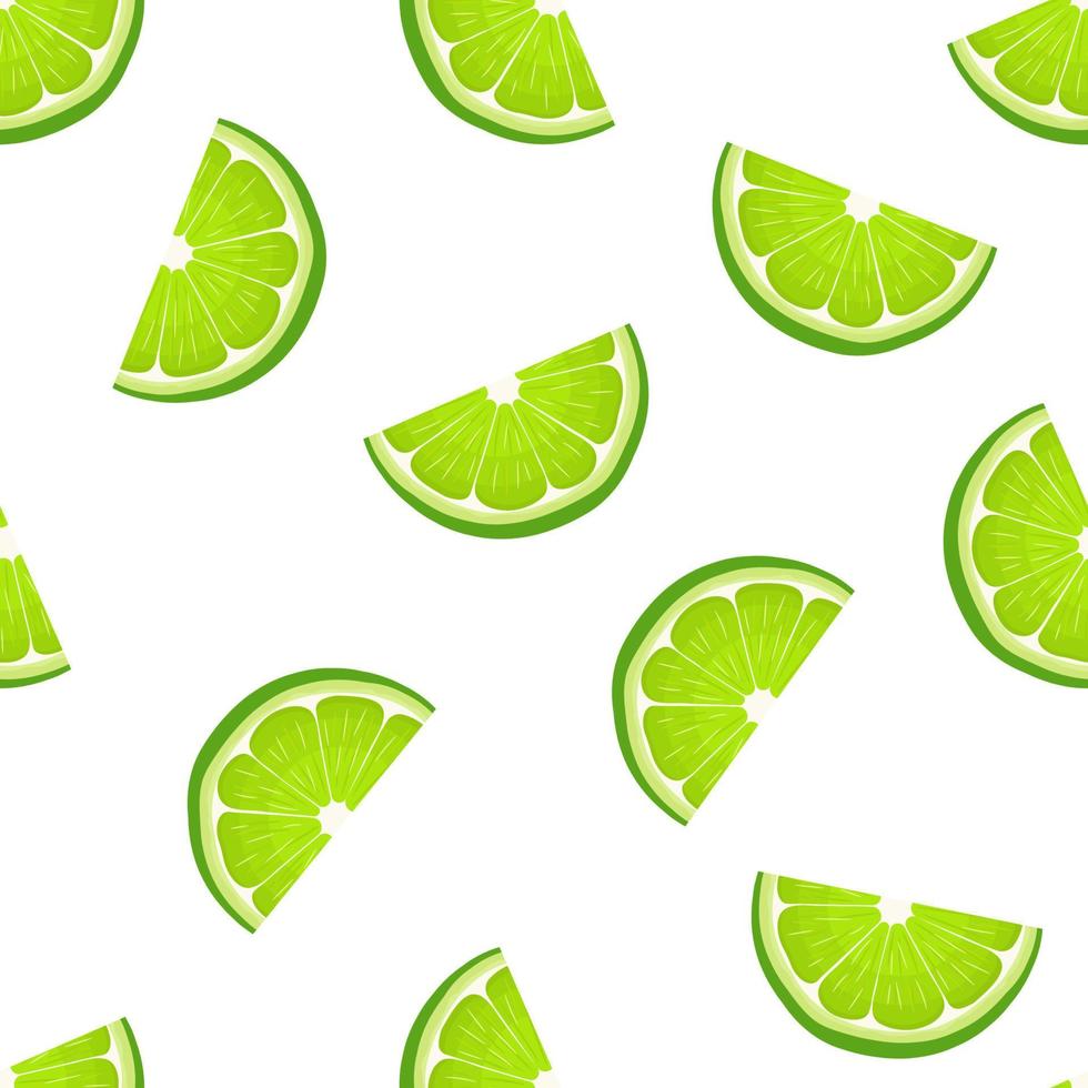 Seamless pattern with fresh bright exotic cut slice lime fruit on white background. Summer fruits for healthy lifestyle. Organic fruit. Cartoon style. Vector illustration for any design.