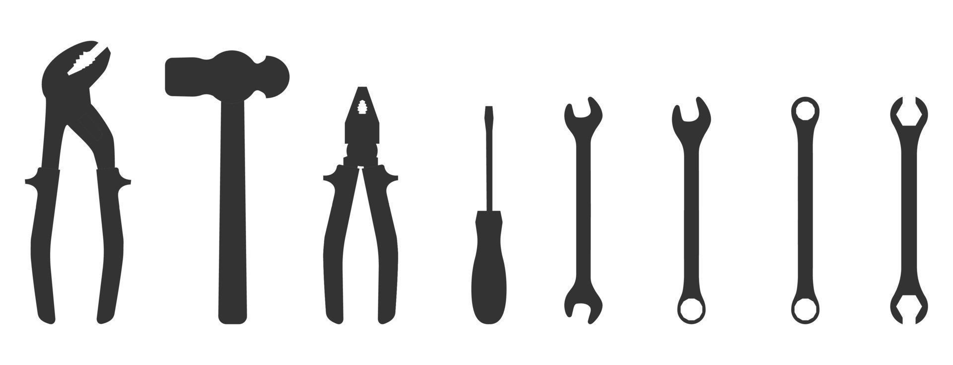 conjunto de iconos de silueta de herramientas. llave inglesa, destornillador, alicates, martillo. taller, mecánico, plantilla de logotipo de servicio de reparación. ilustración vectorial limpia y moderna. vector