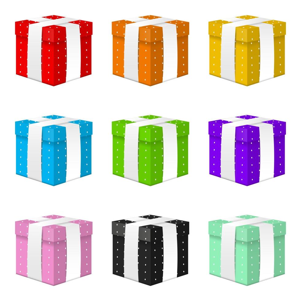 Set of Realistic Vector 3d Gift Boxes with White Ribbon isolated on white background. Element for Various Holiday Designs. Christmas, Valentine's day, New Year, Celebrations, Birthdays.