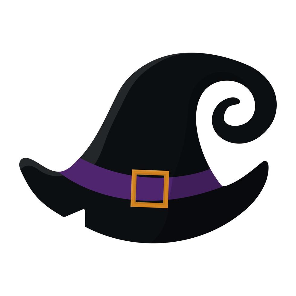 Cartoon black witch hat with buckle isolated on white background. Children kid costume masquerade party. Design element for Halloween. Vector illustration.