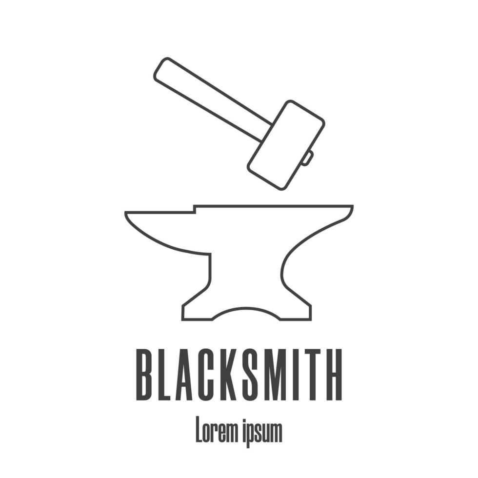 Line style icon of a hammer and anvil. Blacksmith, repair logo. Clean and modern vector illustration.