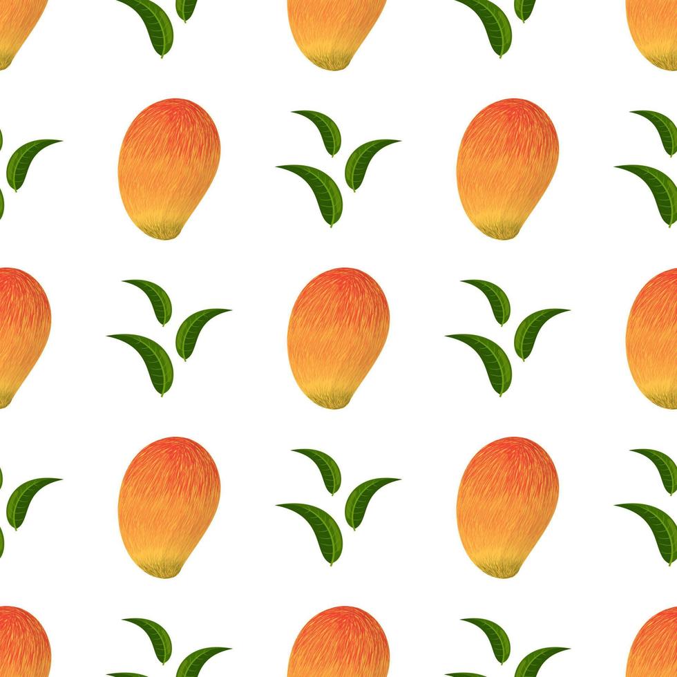 Seamless pattern with fresh bright exotic whole mango and leaves isolated on white background. Summer fruits for healthy lifestyle. Organic fruit. Cartoon style. Vector illustration for any design.