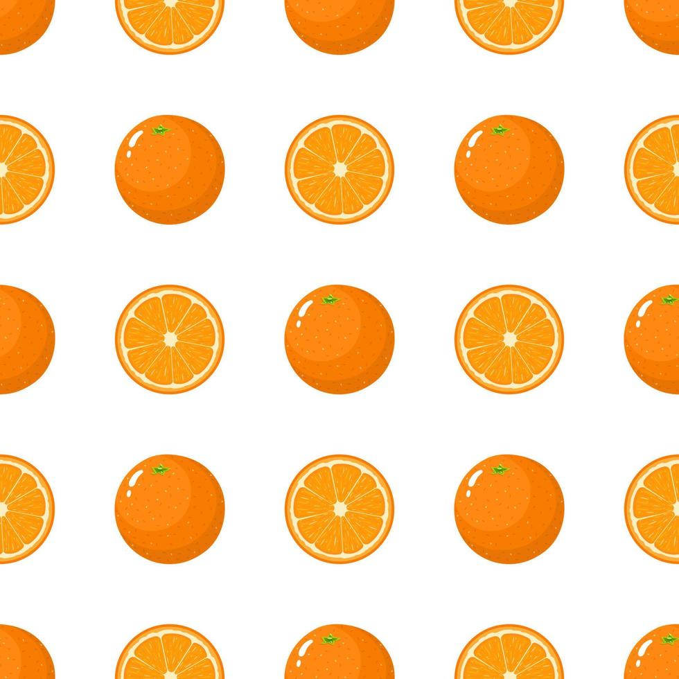 patrón sin costuras con fruta fresca entera y media naranja sobre fondo blanco. Mandarina. fruta organica estilo de dibujos animados ilustración vectorial para diseño, web, papel de envolver, tela, papel tapiz. vector