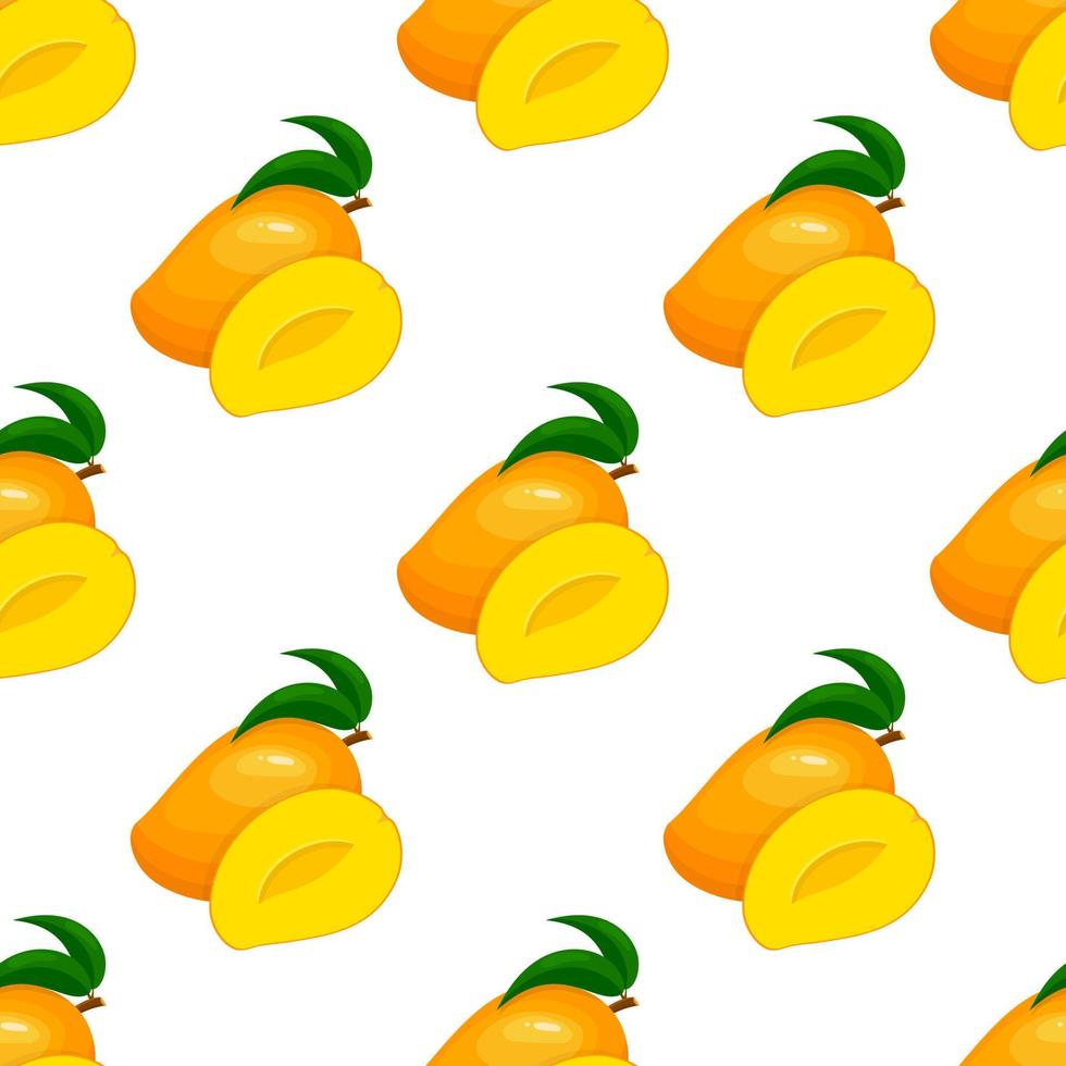 Seamless pattern with fresh bright exotic whole and half mango isolated on white background. Summer fruits for healthy lifestyle. Organic fruit. Cartoon style. Vector illustration for any design.