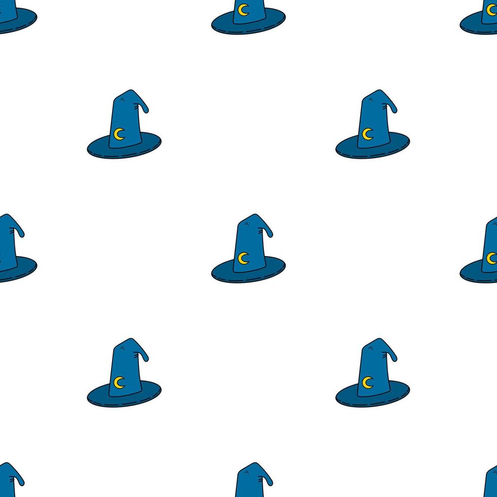 Seamless pattern with wizard hat on white background. Blue hat with moon sign. Vector illustration for design, web, wrapping paper, fabric, wallpaper.