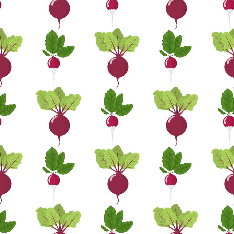 Seamless pattern with fresh radish and beet vegetables. Organic food. Cartoon style. Vector illustration for design, web, wrapping paper, fabric, wallpaper.