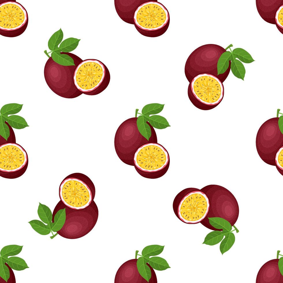 Seamless pattern with fresh bright exotic whole and cut slice passion fruit on white background. Summer fruits for healthy lifestyle. Organic fruit. Cartoon style. Vector illustration for any design.