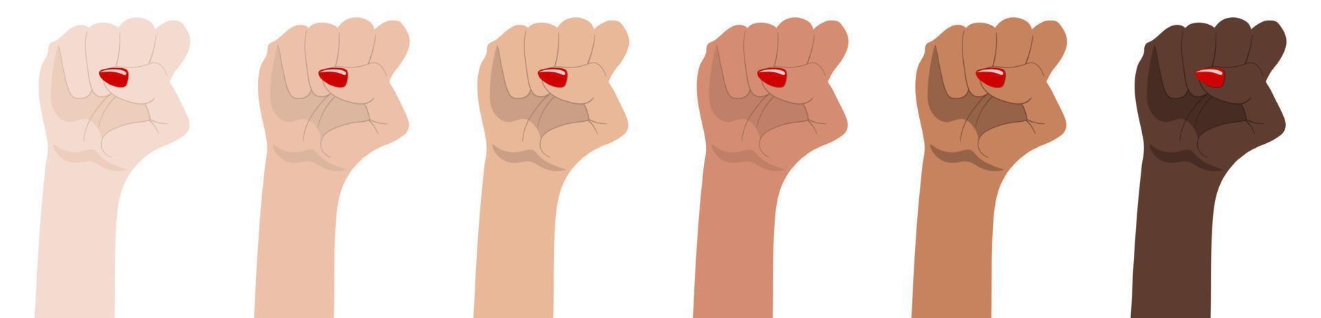 manos de mujer con el puño levantado. símbolo de unidad, revolución, protesta, cooperación y solidaridad. igualdad racial. poder femenino. concepto de feminismo. ilustración vectorial de estilo realista. vector