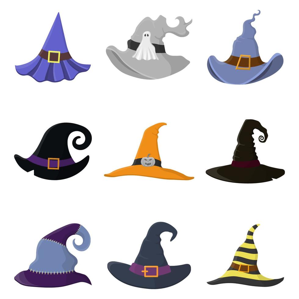 Set of different cartoon witch hats isolated on white background. Children kid costume masquerade party. Design elements for Halloween. Vector illustration.