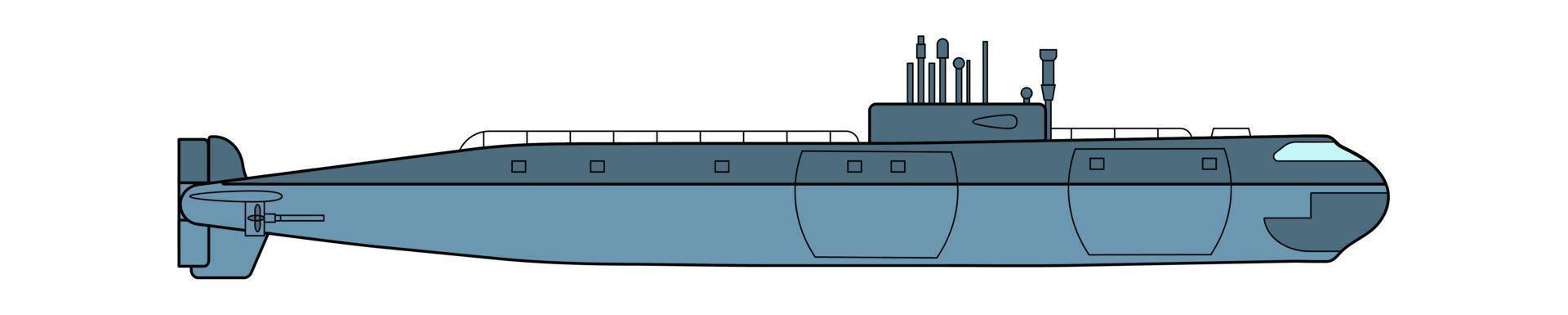 Detailed Submarine. Side view. Warship in flat style. Military ship. Battleship model. Industrial drawing. Vector illustration isolated on white background.