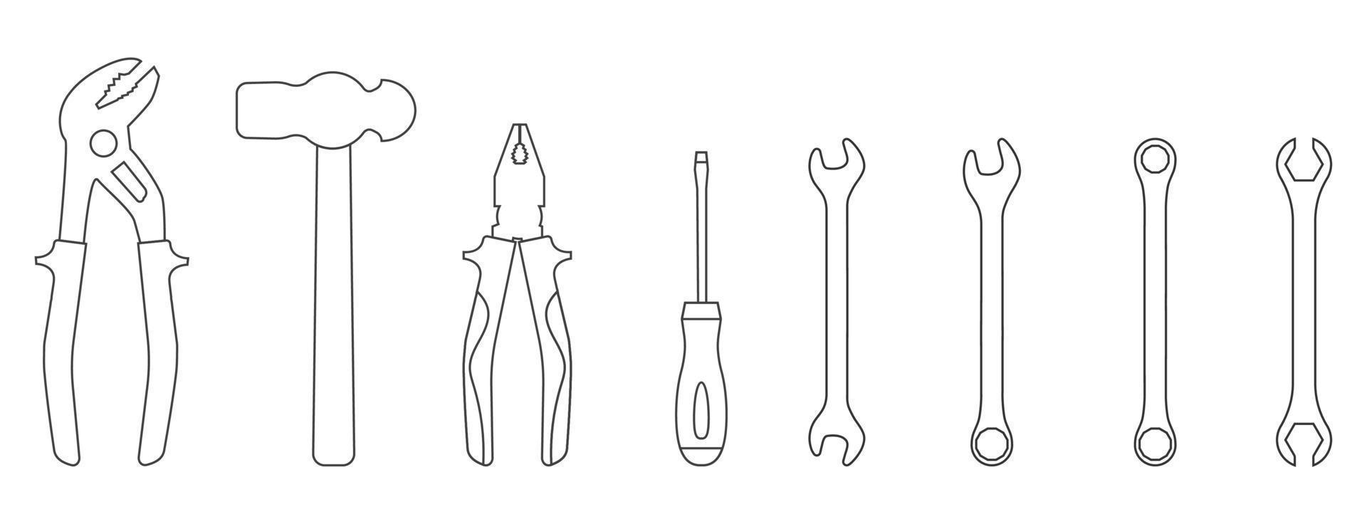 Set of line style icons of tools. Wrench, screwdriver, pliers, hammer. Workshop, mechanic, repair service logo template. Clean and modern vector illustration.