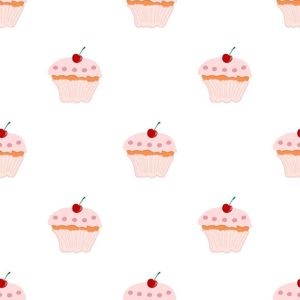 Seamless pattern with cupcake and cherry on white background. Sweet food. Vector illustration for design, web, wrapping paper, fabric, wallpaper