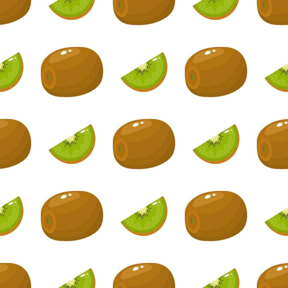 Seamless pattern with fresh whole and slice kiwi fruit on white background. Summer fruits for healthy lifestyle. Organic fruit. Cartoon style. Vector illustration for any design.