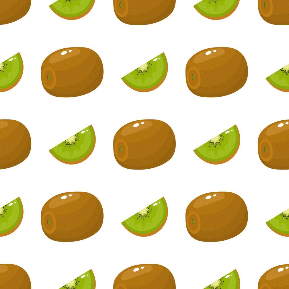 Seamless pattern with fresh whole and slice kiwi fruit on white background. Summer fruits for healthy lifestyle. Organic fruit. Cartoon style. Vector illustration for any design.