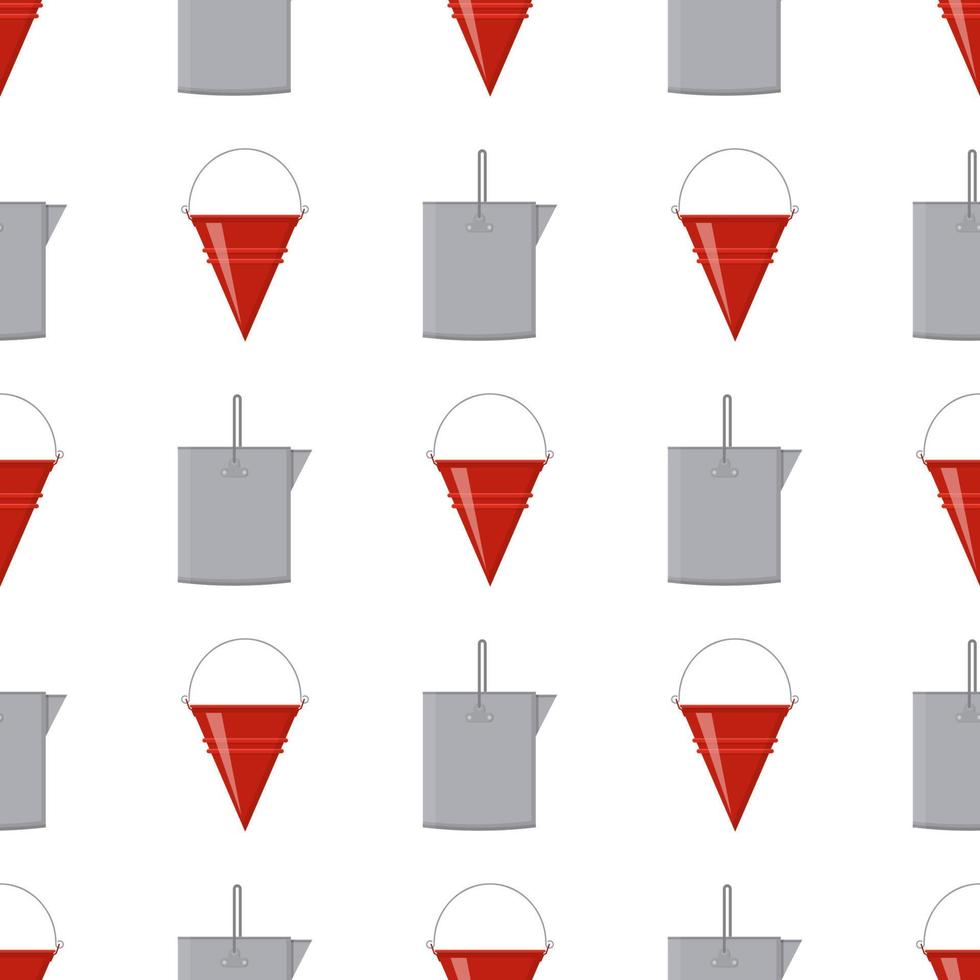 Seamless pattern with fire bucket and tin bucket empty or with water on white background. Cartoon style. Vector illustration for any design.