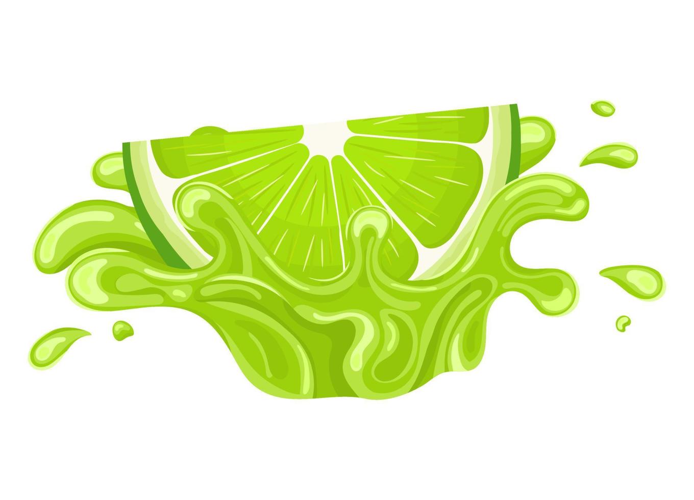 Fresh bright cut slice lime juice splash burst isolated on white background. Summer fruit juice. Cartoon style. Vector illustration for any design.