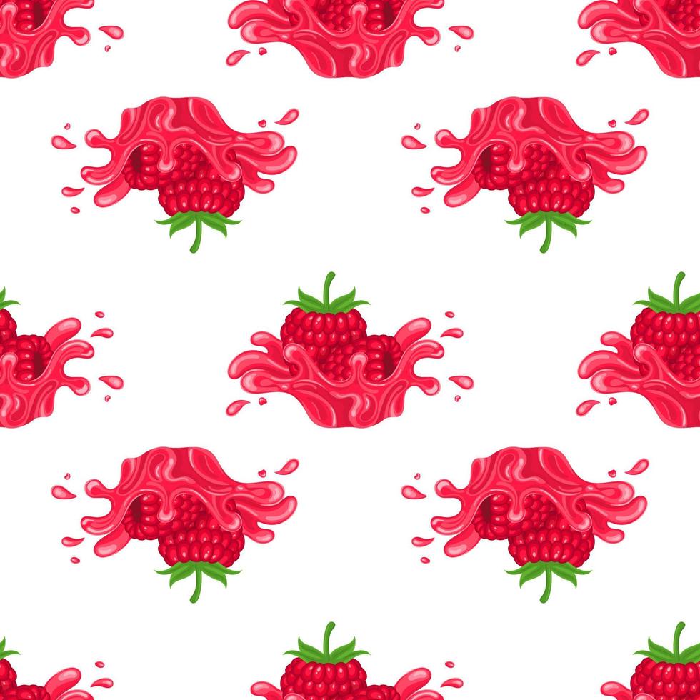 Seamless pattern with fresh bright raspberry juice splash burst isolated on white background. Summer fruit juice. Cartoon style. Vector illustration for any design.