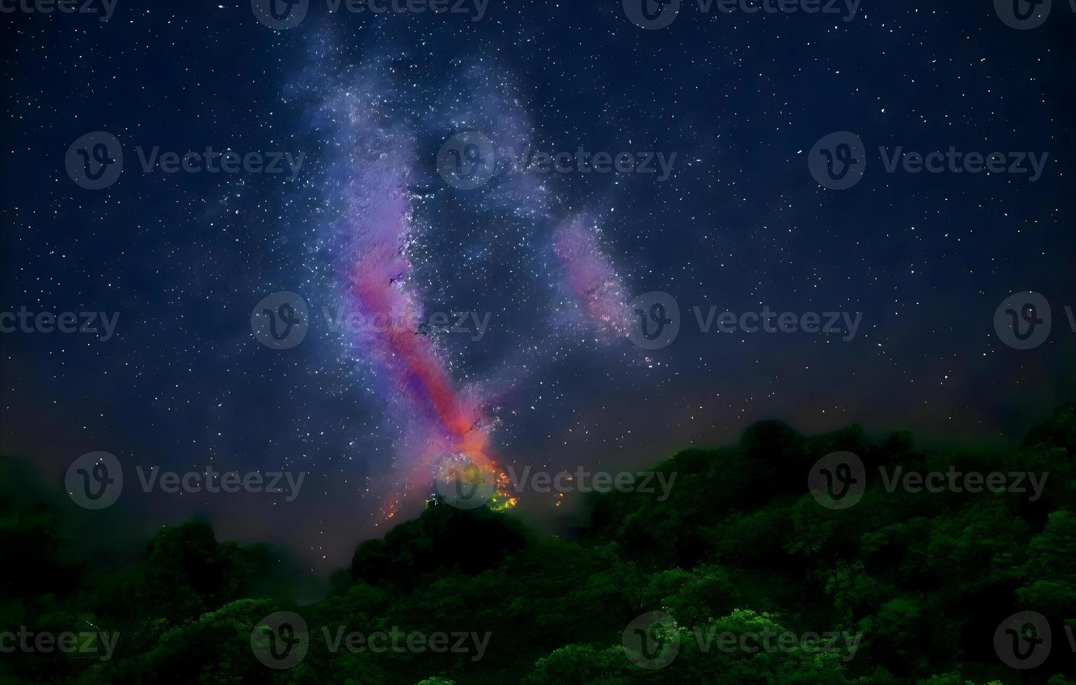 Milky Way and pink light at mountains. Night colorful landscape. Starry sky with hills at summer. Beautiful Universe. Space background with galaxy. Travel background photo