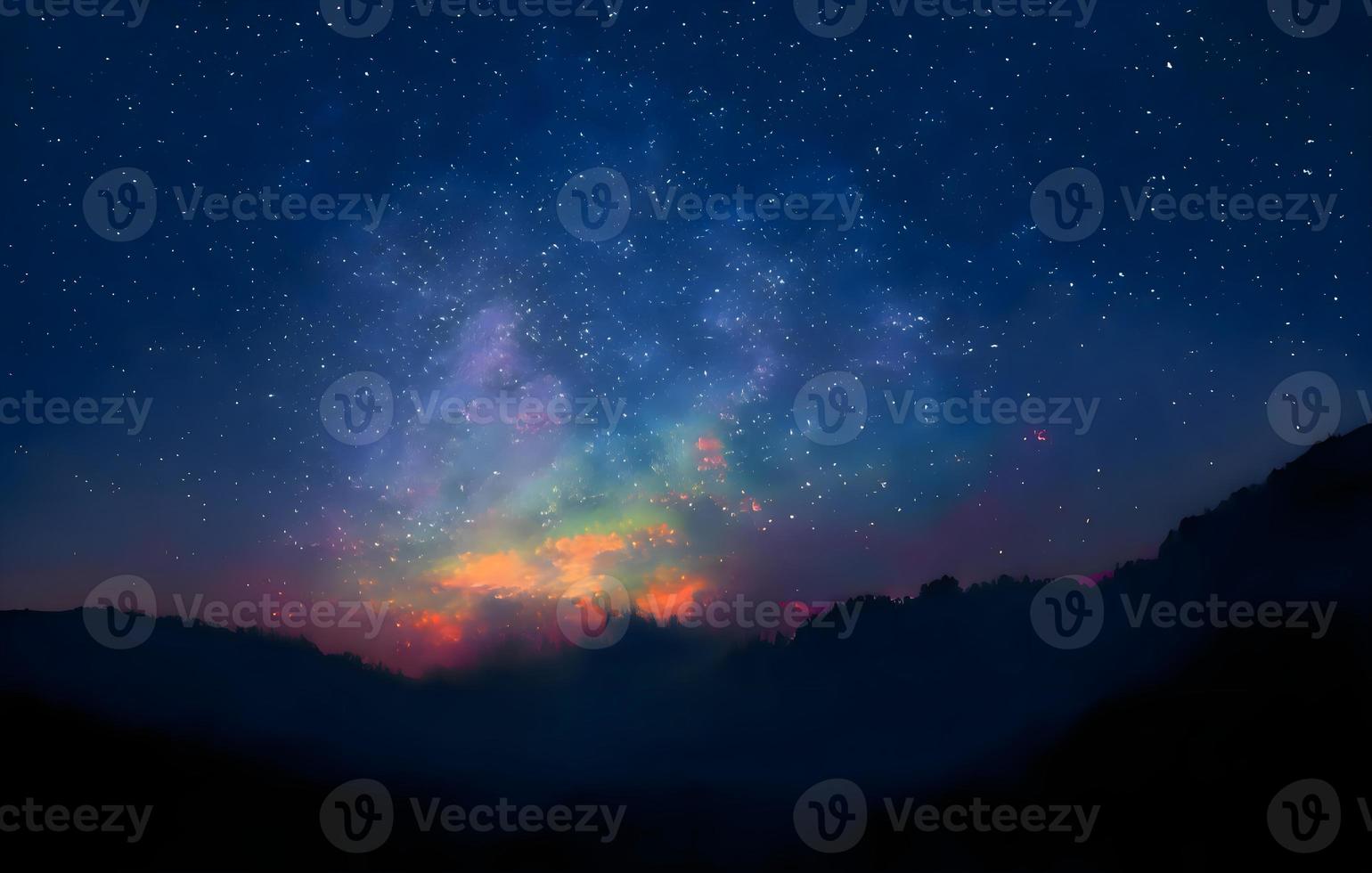 Night landscape with colorful Milky Way and mountains. Starry sky with hills at summer. Beautiful Universe. Space background photo