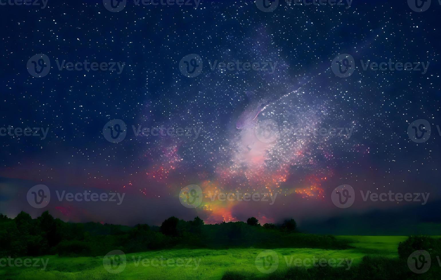 Night landscape with colorful Milky Way and mountains. Starry sky with hills at summer. Beautiful Universe. Space background photo