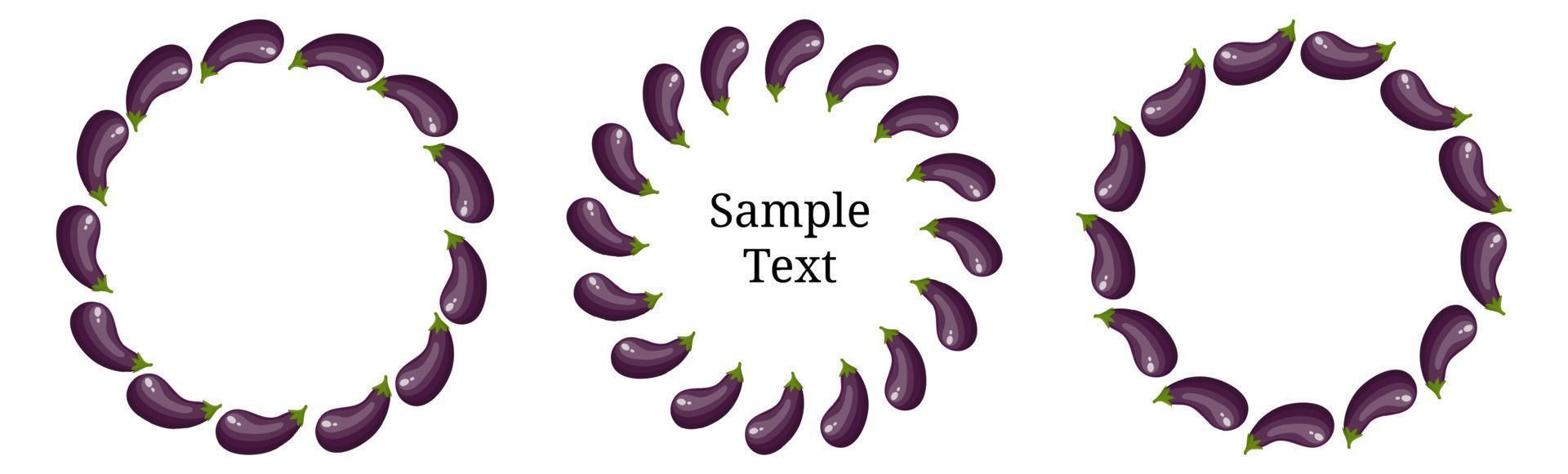 Wreath Set from Eggplants with Space for Text. Raw Aubergine Vegetables isolated on white background. For Market, Recipe Design. Organic Food. Cartoon Style. Vector illustration for Your Design, Web.