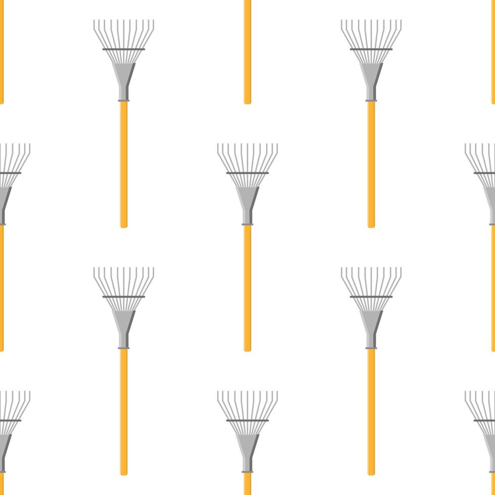 Seamless pattern with cartoon rakes on white background. Gardening tool. Vector illustration for any design