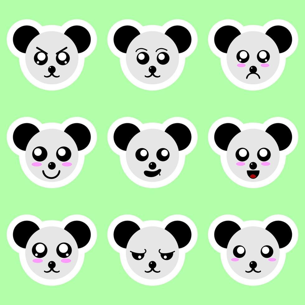 Set of panda stickers. Different emotions, expressions. Sticker in anime style. Vector Illustration for your design.