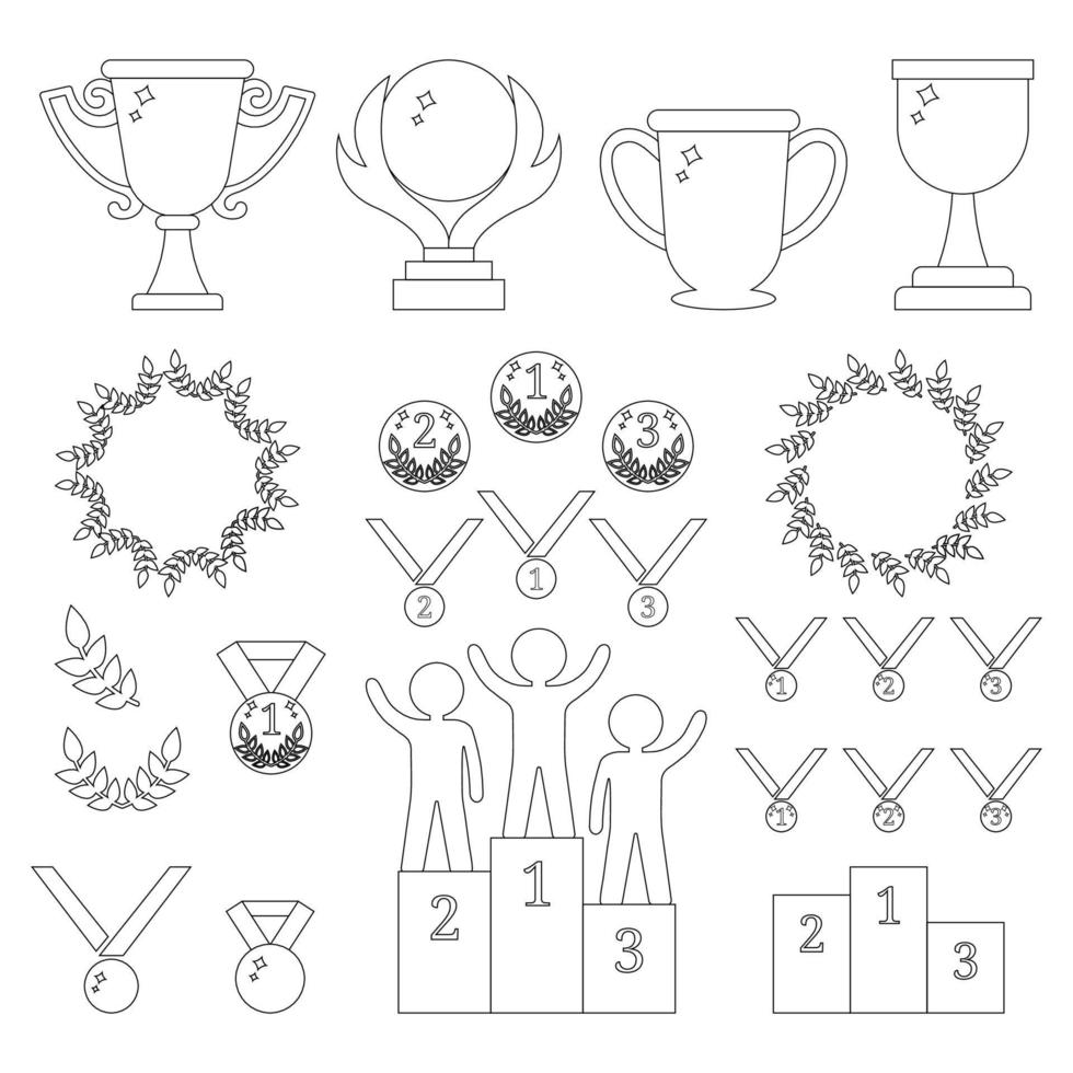 colección vectorial de premios deportivos. esbozar iconos de trofeos, medallas, pedestal, marcos de laure, monedas. primeros, segundos, terceros lugares. humanos en el podio. ilustración vectorial para su diseño, web. vector