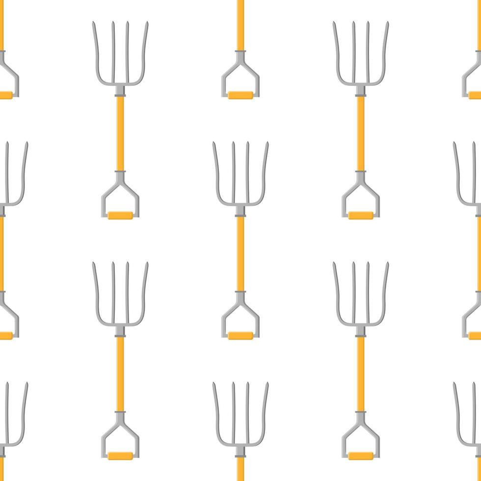 Seamless pattern with cartoon pitchforks on white background. Gardening tool. Vector illustration for any design