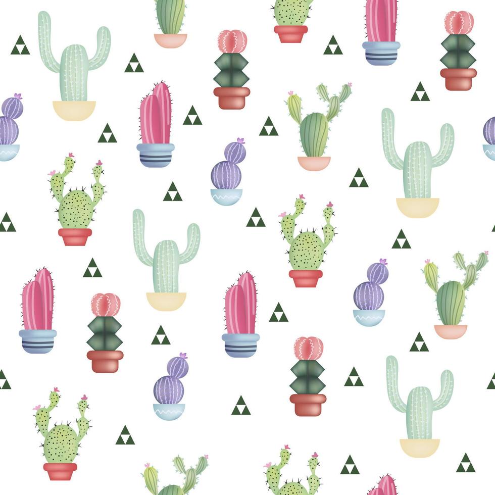 Seamless pattern with different colorful realistic cactuses in pot and geometric figures. Vector illustration isolated on white background.