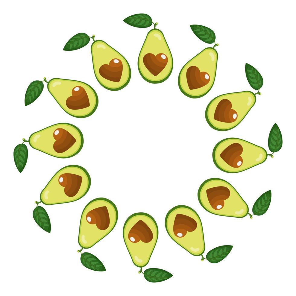 Wreath from half avocado heart with space for text. Cartoon organic sweet food. Summer fruits for healthy lifestyle. Vector illustration for any design.