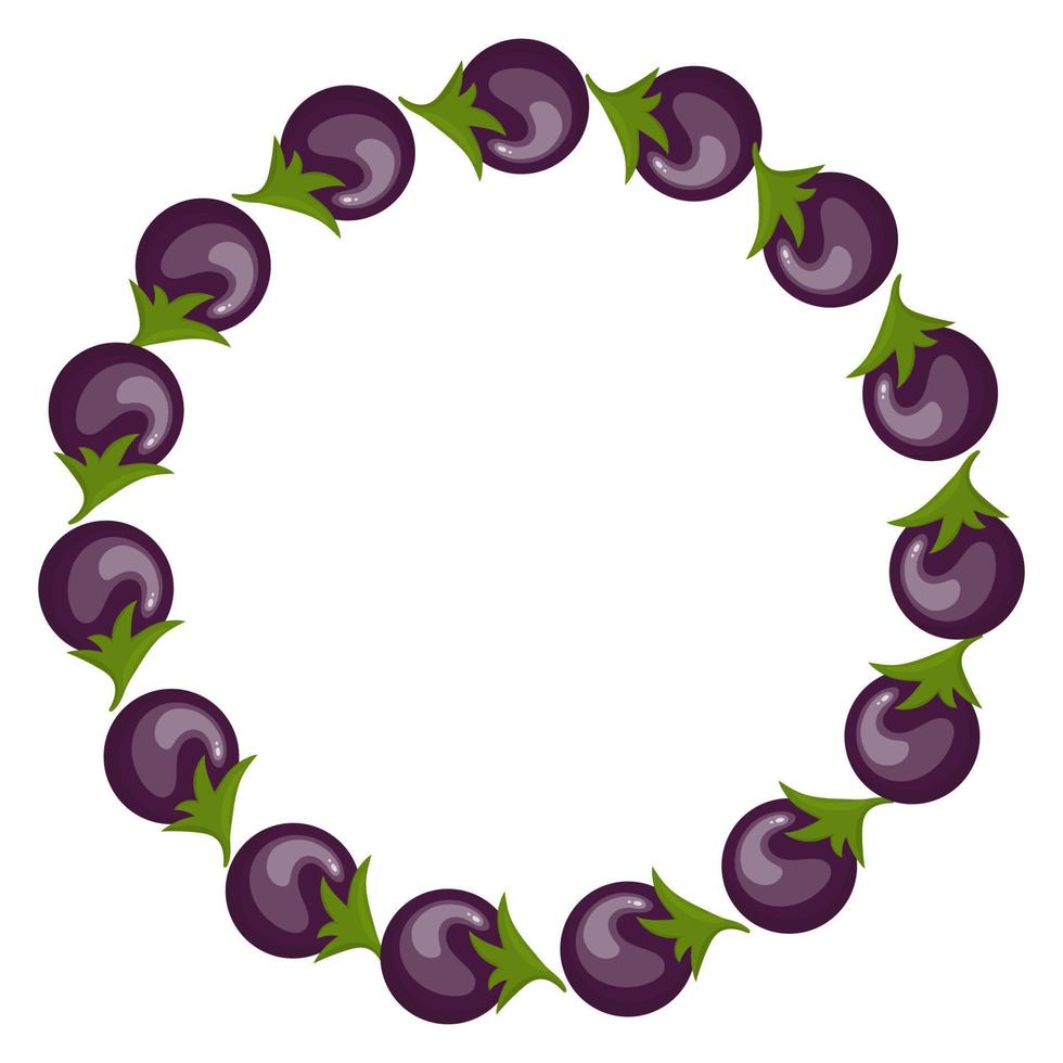 Wreath from Eggplants with Space for Text. Raw Ripe Aubergine Vegetables isolated on white background. Organic Food. Cartoon Style. Vector illustration for Your Design, Web.