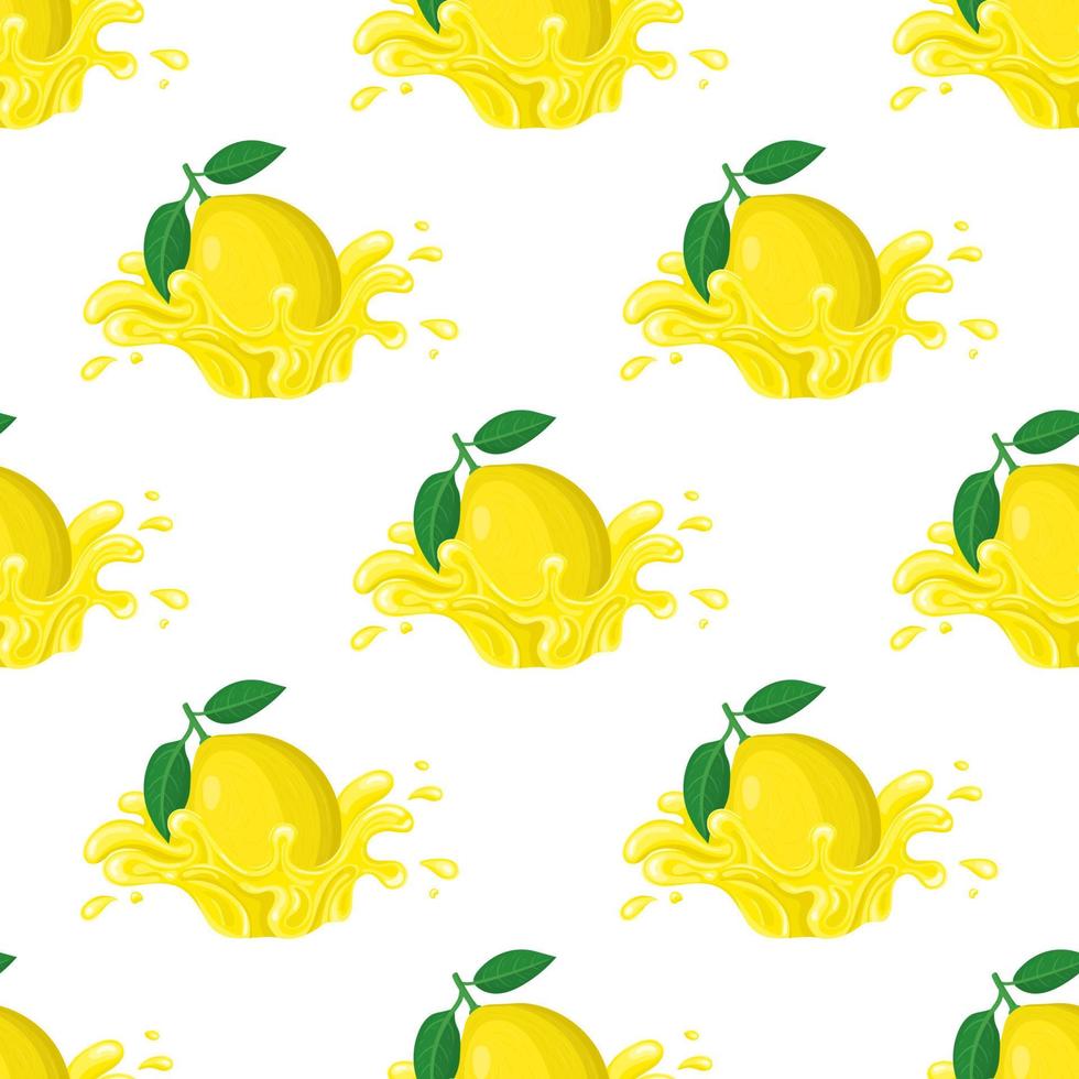Seamless pattern with fresh bright lemon juice splash burst isolated on white background. Summer fruit juice. Cartoon style. Vector illustration for any design.