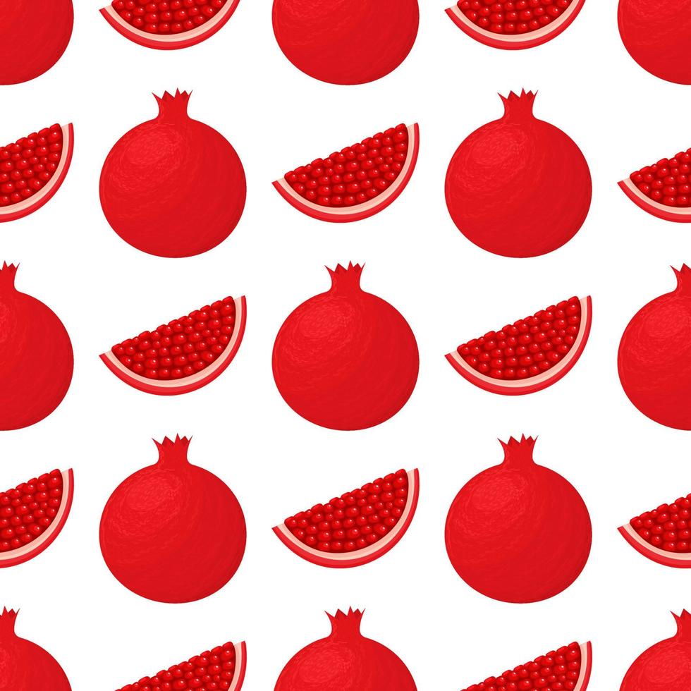 Seamless pattern with fresh bright exotic whole and chunk pomegranate with leaves on white background. Summer fruits for healthy lifestyle. Organic fruit. Vector illustration for any design.