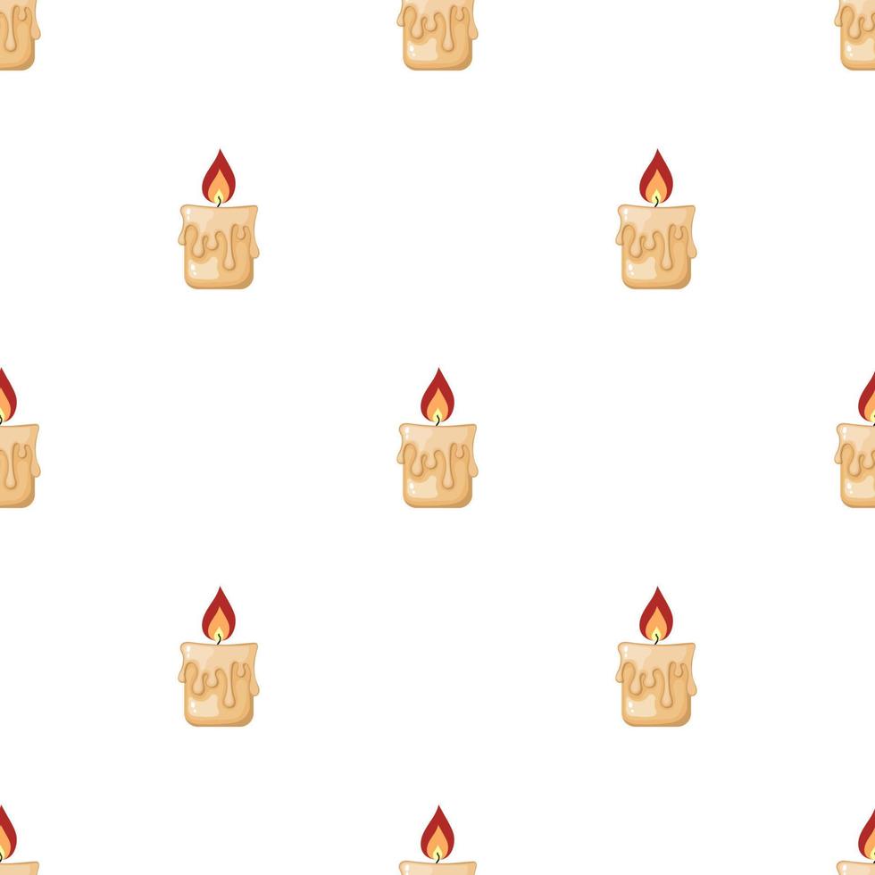 Seamless pattern with burning candle from paraffin wax on white background. Cartoon style. Vector illustration.