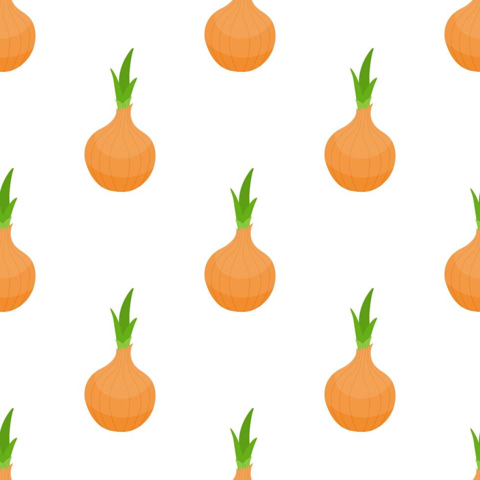 Seamless pattern with fresh onion vegetable. Organic food. Cartoon style. Vector illustration for design, web, wrapping paper, fabric, wallpaper.
