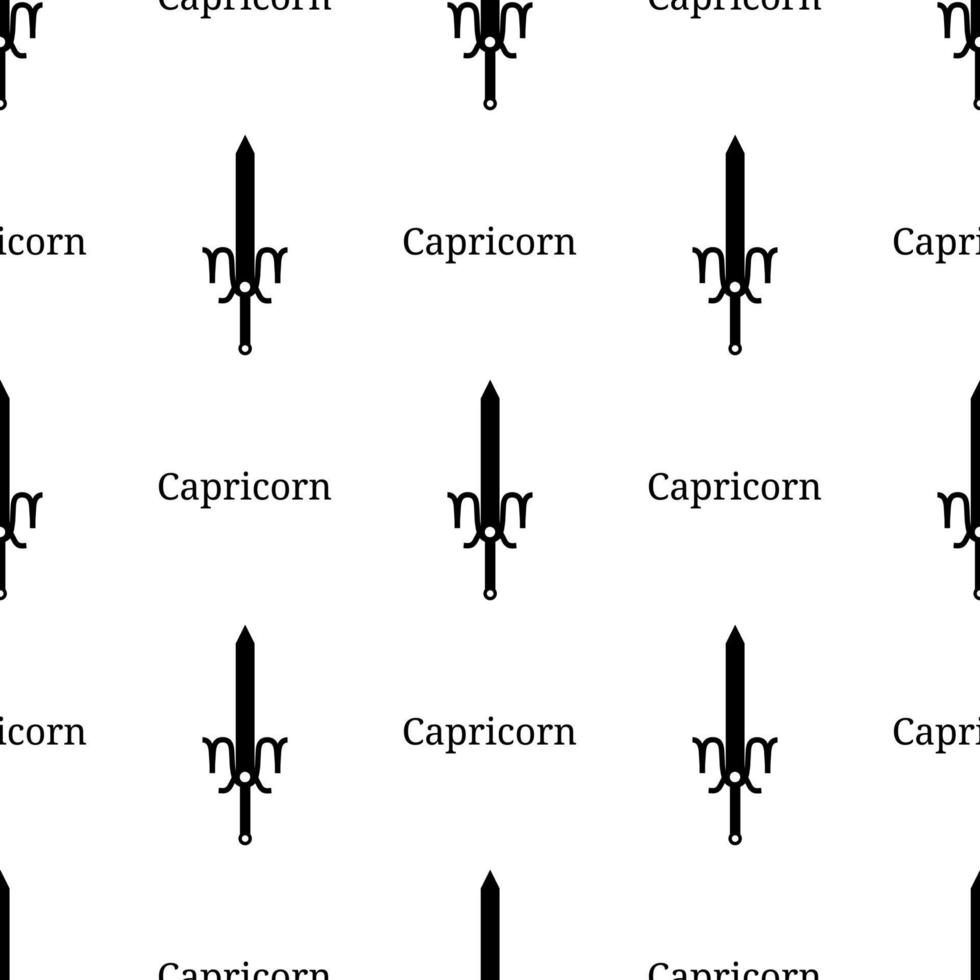 Seamless pattern with capricorn zodiac sword sign. Black silhouette of zodiacal weapon. Astrological, horoscope sign. Vector illustration for design, web, wrapping paper, fabric, wallpaper.