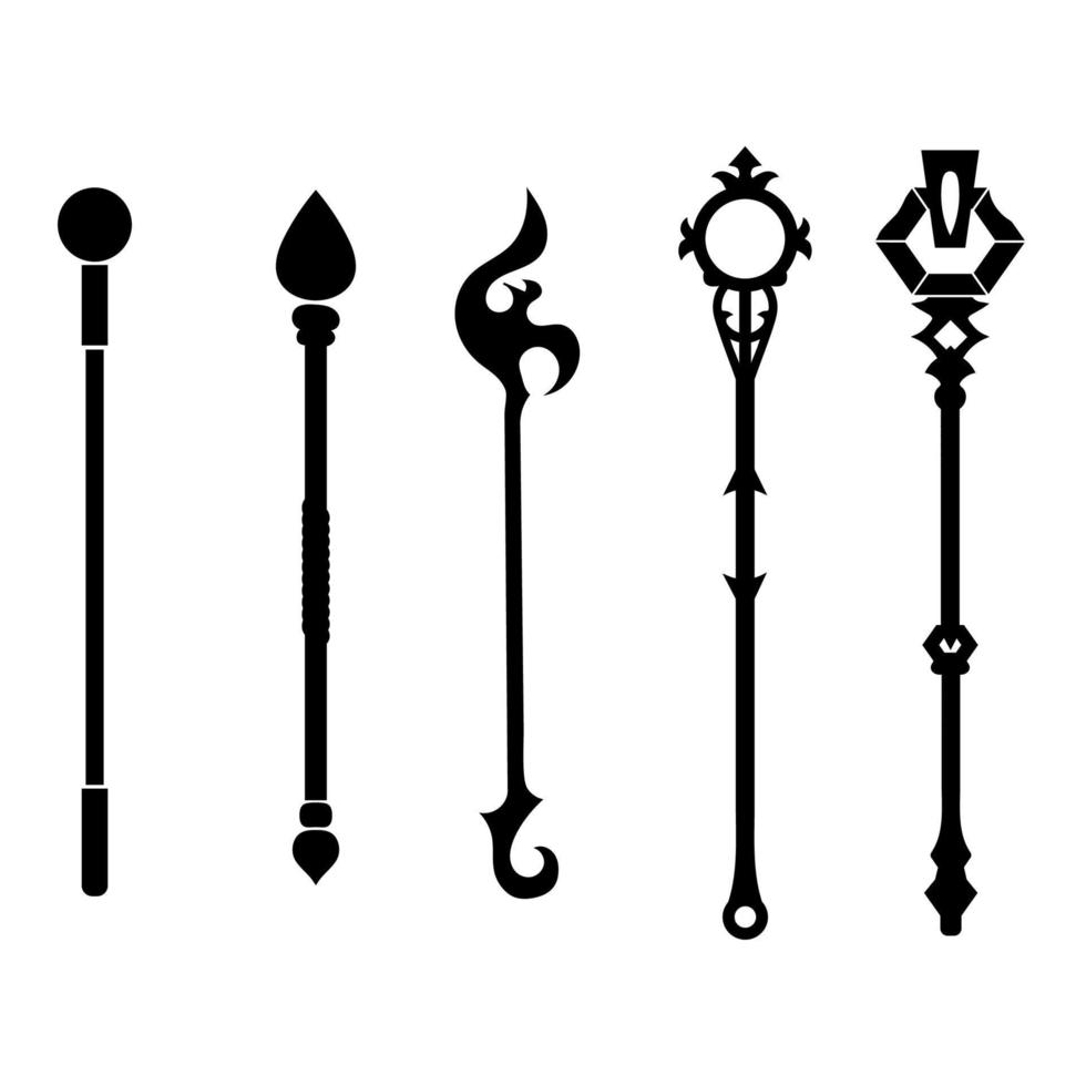 Set of Black Silhouette Staff Icons isolated on white background. Magic Wand, Scepter, Stick, Rod. Vector Illustration for Your Design, Game, Card, Web.