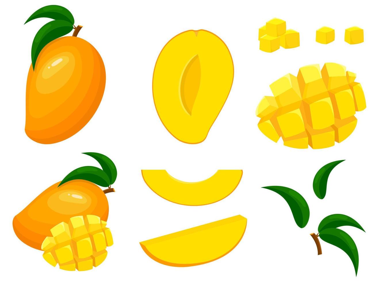 conjunto de frutas frescas de mango enteras, cortadas a la mitad y cortadas aisladas en fondo blanco. frutas de verano para un estilo de vida saludable. fruta organica estilo de dibujos animados ilustración vectorial para cualquier diseño. vector