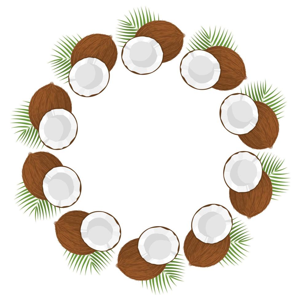 Wreath from whole, half coconut and leaves with space for text. Cartoon organic sweet food. Summer fruits for healthy lifestyle. Vector illustration for any design.