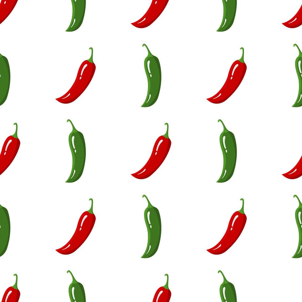 Seamless pattern with red and green chilli pepper. Fresh vegetables isolated on white background. Cartoon style. Vector illustration for design, web, wrapping paper, fabric, wallpaper.