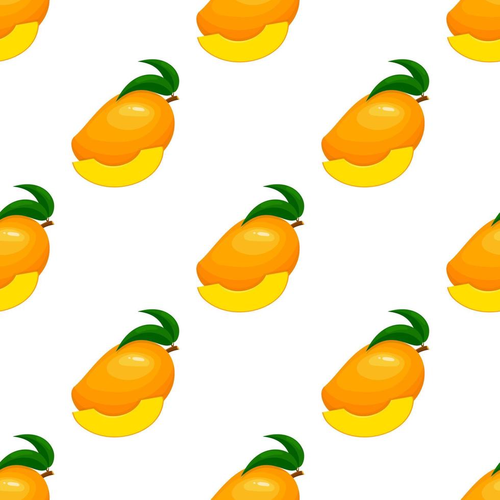 Seamless pattern with fresh bright exotic whole and sliced mango isolated on white background. Summer fruits for healthy lifestyle. Organic fruit. Cartoon style. Vector illustration for any design.