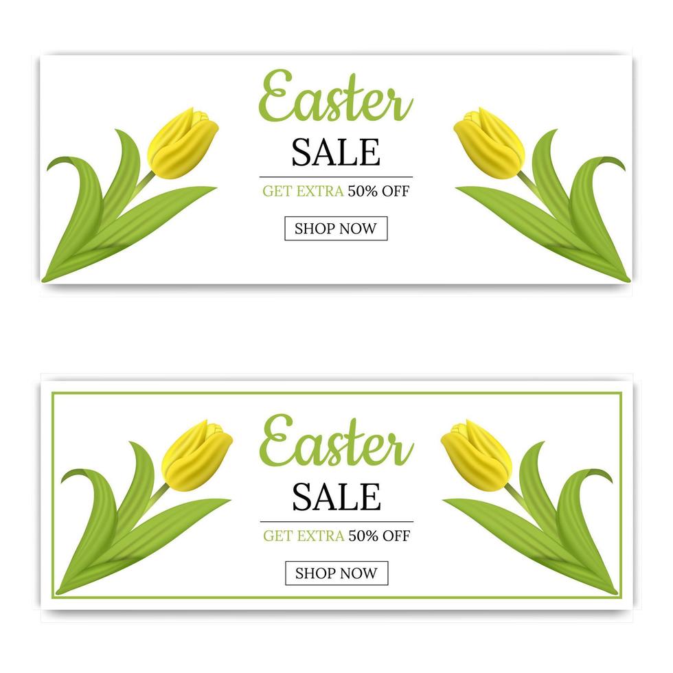 Easter Sale Banner Template Background with Yellow Tulips. Voucher, wallpaper,flyers, invitation, posters, brochure, coupon discount,greeting card. Vector illustration.